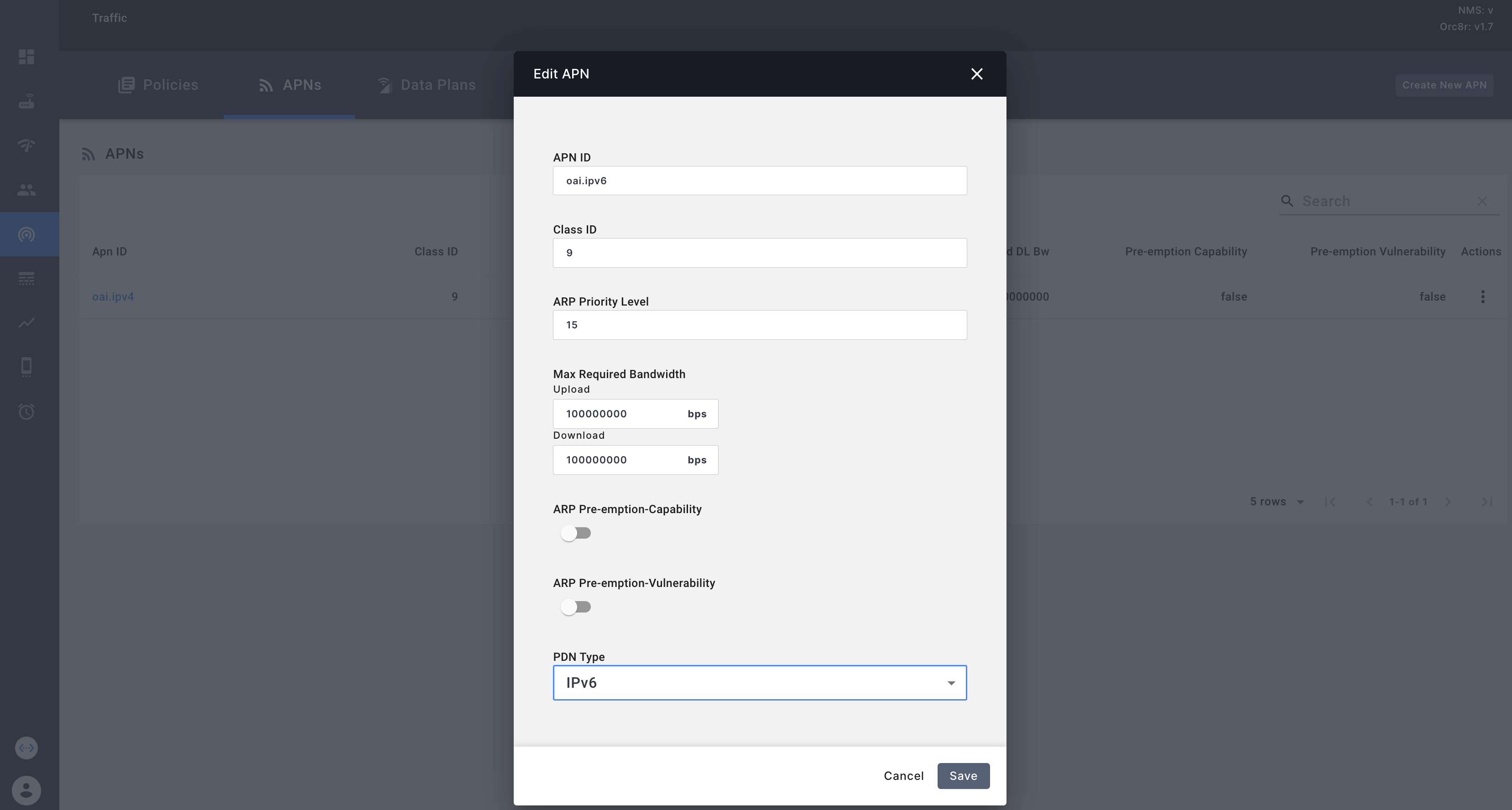 APN IPv6 configuration